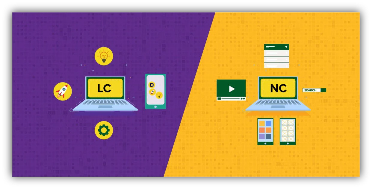 Comparison diagram of no-code versus low-code development approaches