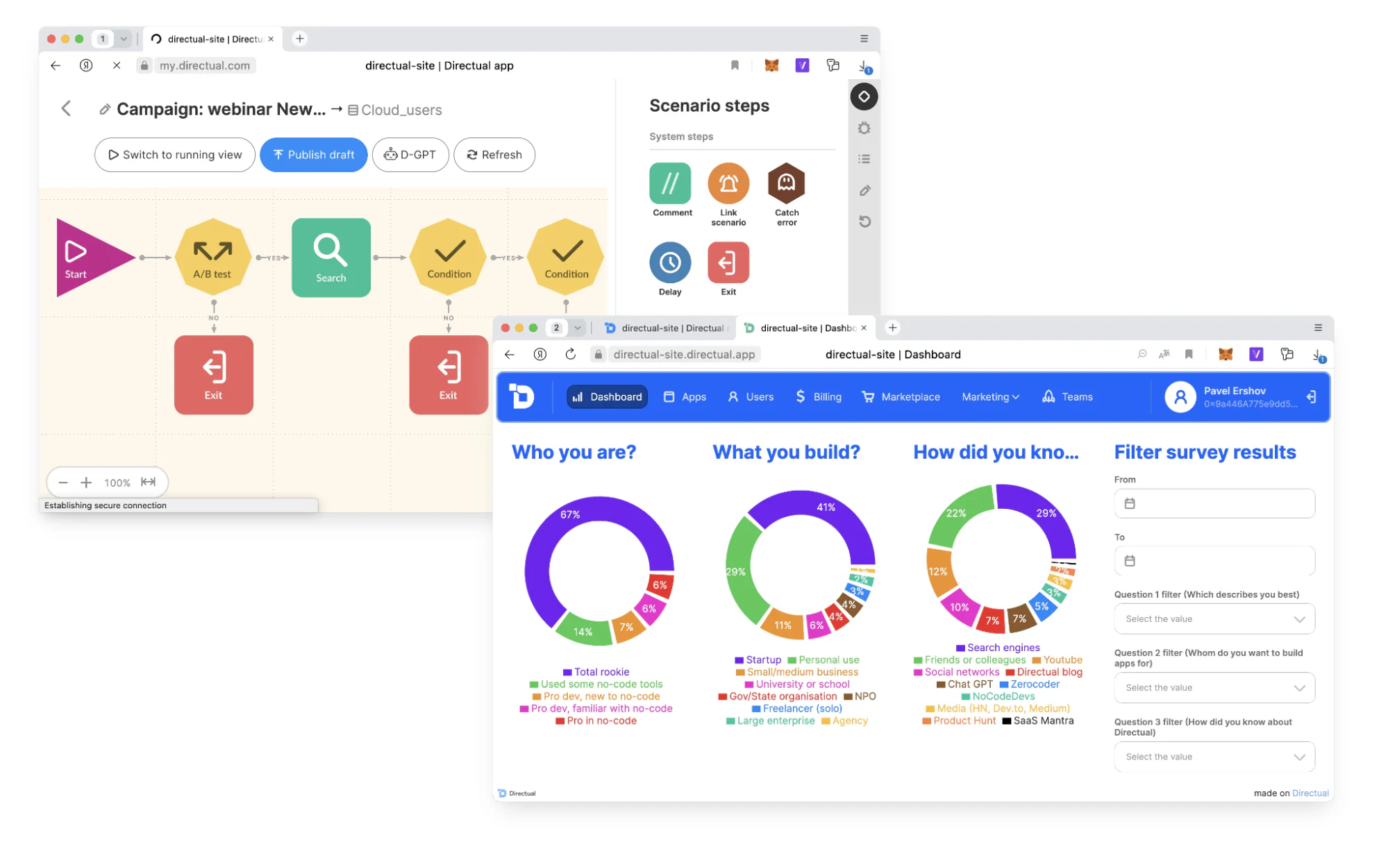 Directual’s no-code/low-code platform for building complex apps with custom backend logic
