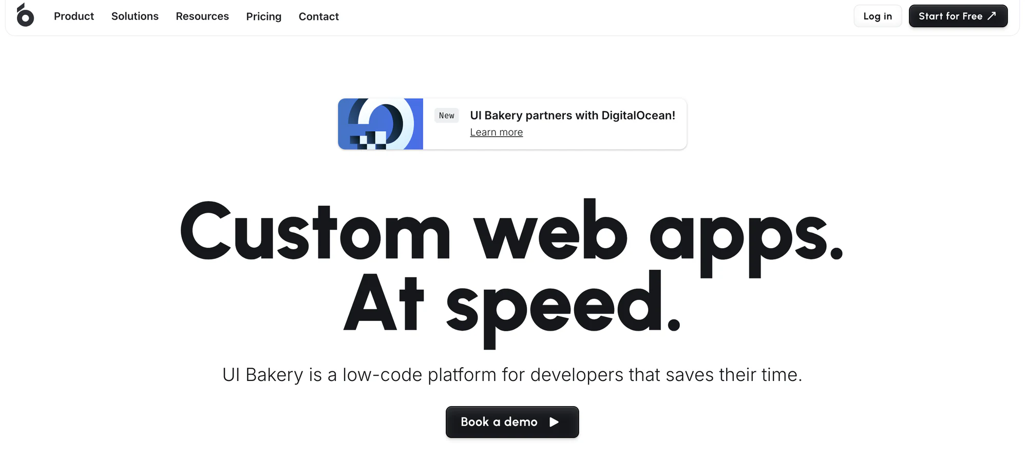 UI Bakery homepage with the headline Custom web apps. At speed and a book a demo button