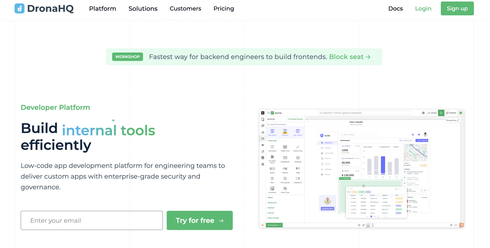 DronaHQ homepage for building internal tools with an email signup field and app builder preview