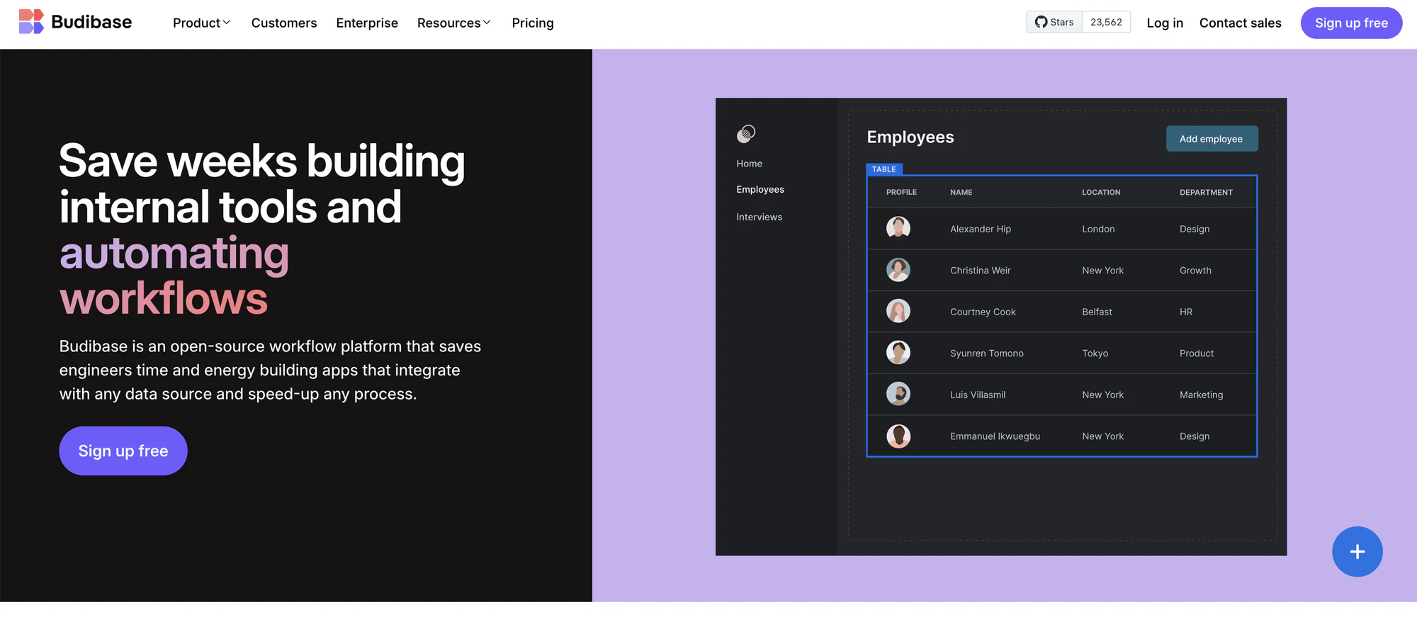 Budibase homepage for building internal tools, with an employees table app preview