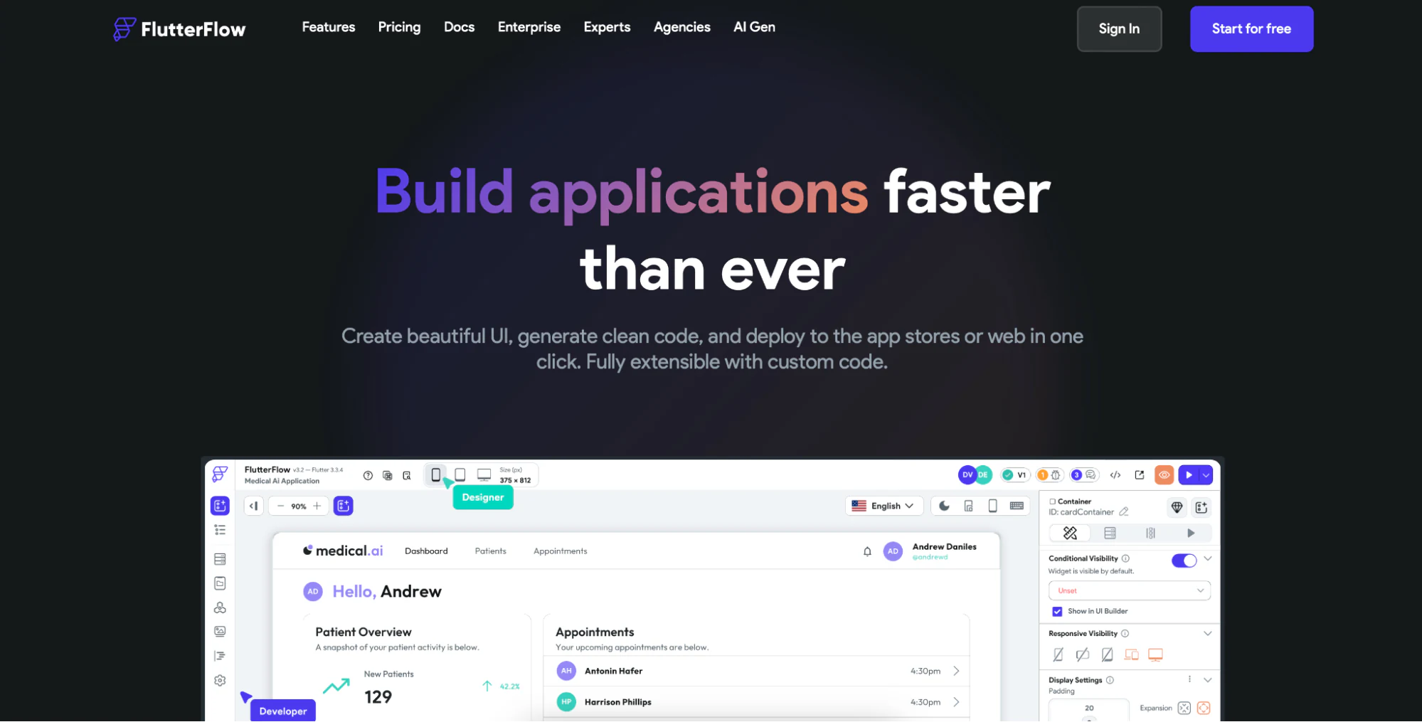 FlutterFlow no-code mobile app builder homepage