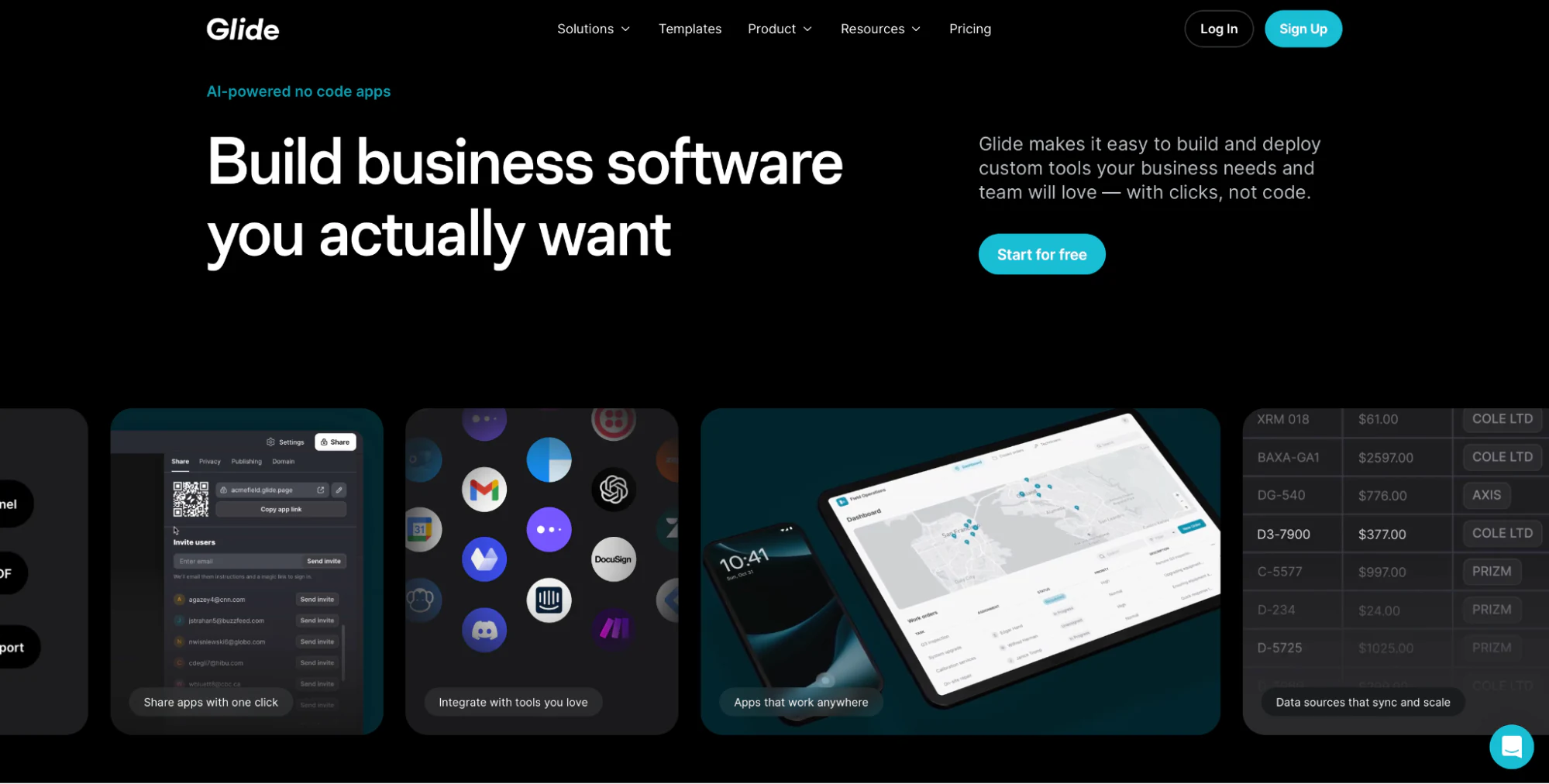 Glide no-code app builder homepage showing apps built from spreadsheets