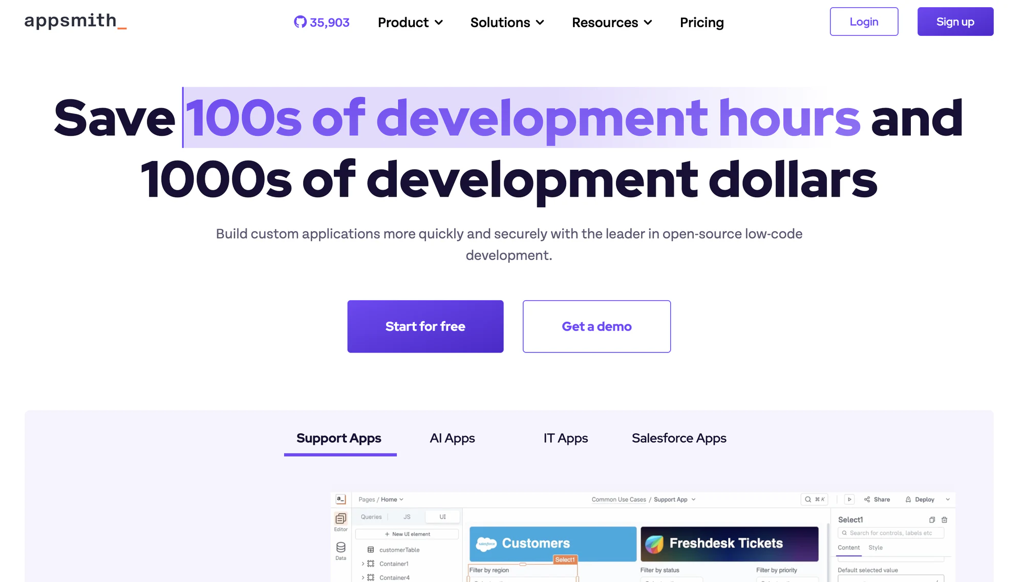 Appsmith homepage for open-source low-code development with a support app editor preview