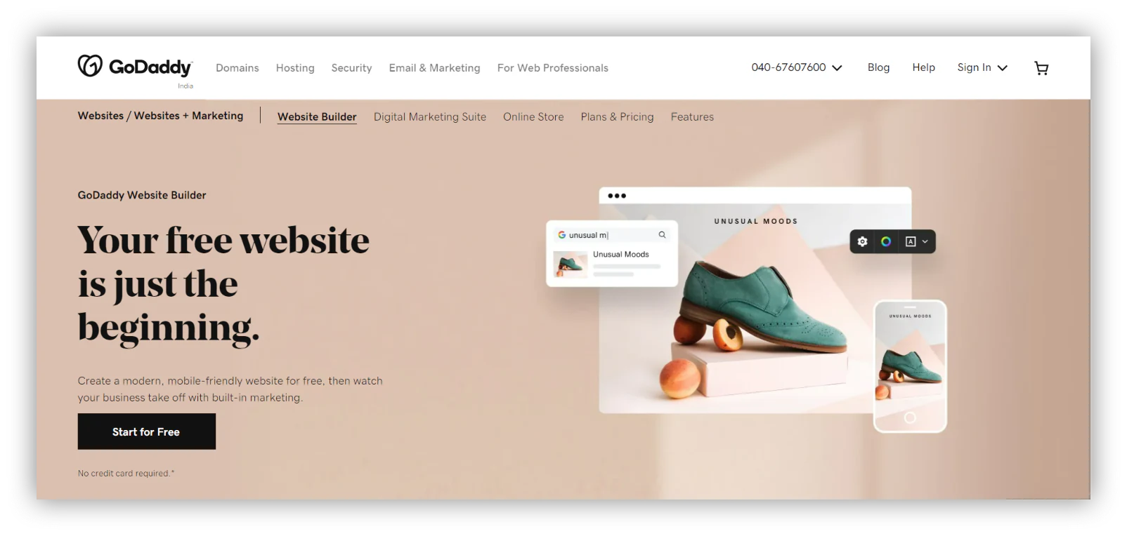 GoDaddy website builder homepage with domains and hosting