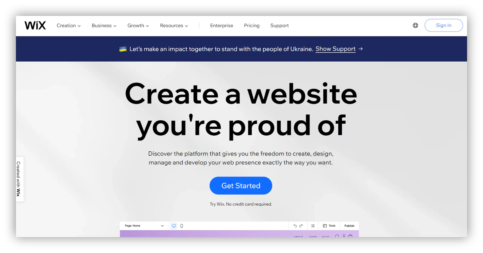 Wix homepage showing the beginner-friendly drag-and-drop website builder