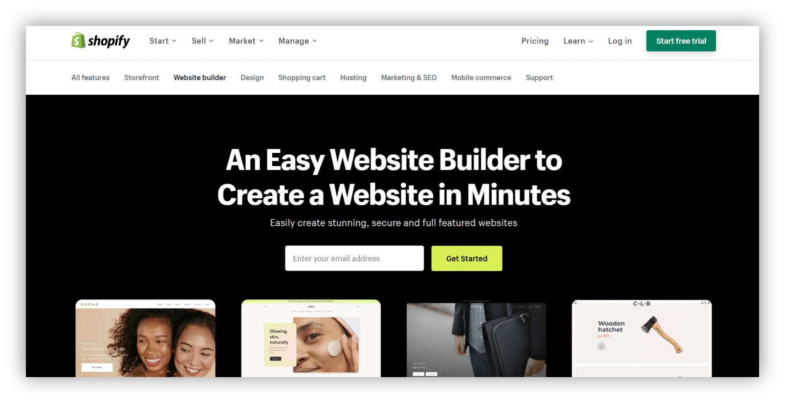 Shopify homepage showing the dedicated ecommerce store builder