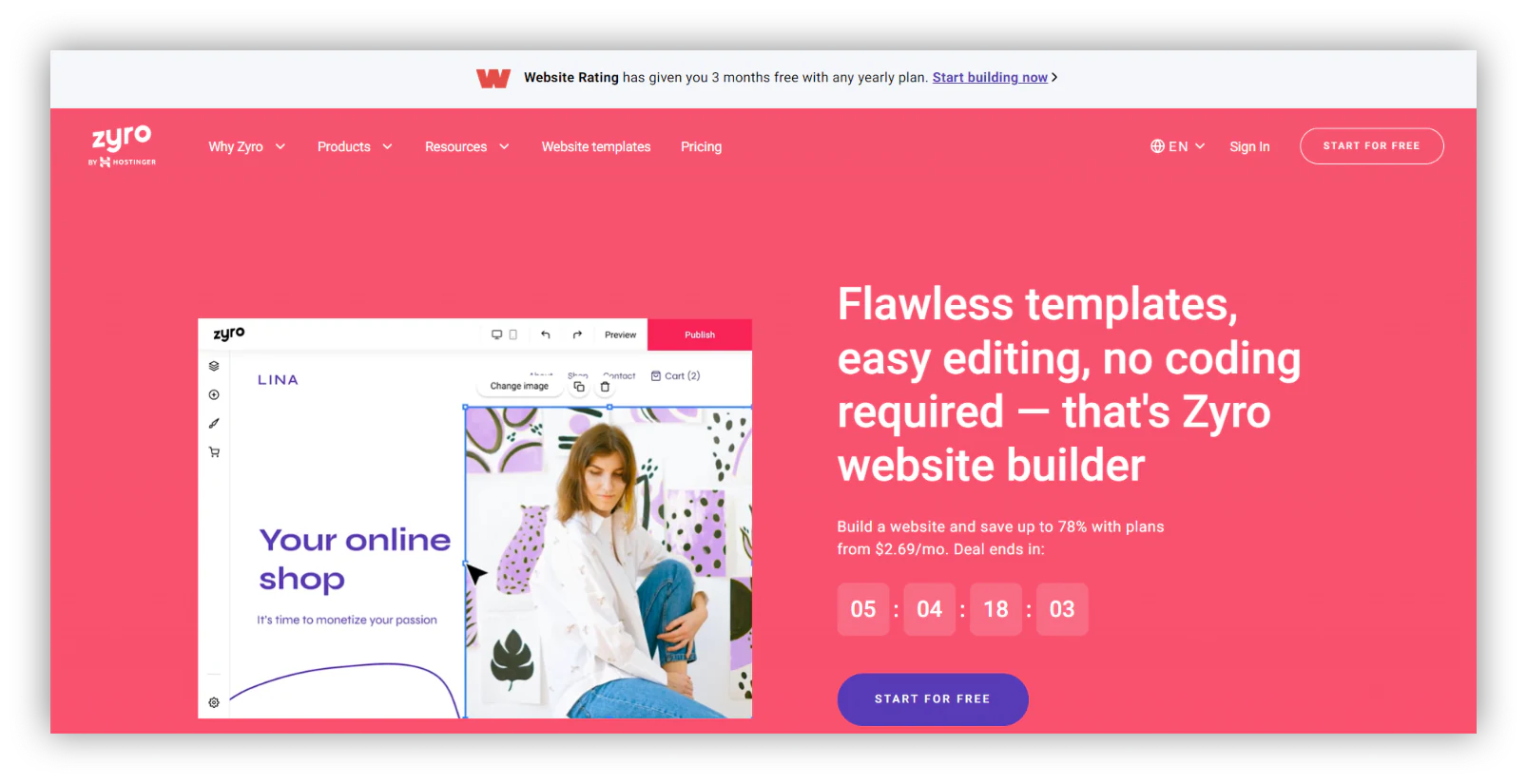 Zyro low-cost no-code website builder homepage