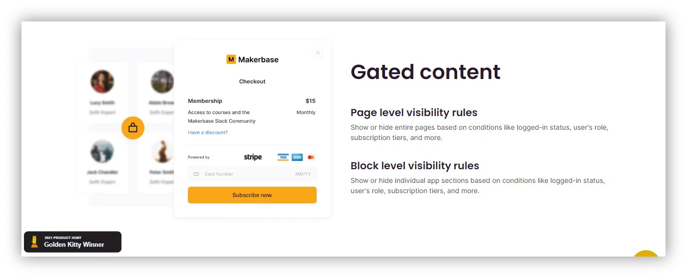 Softr gated content settings showing page-level and block-level visibility rules for different user groups