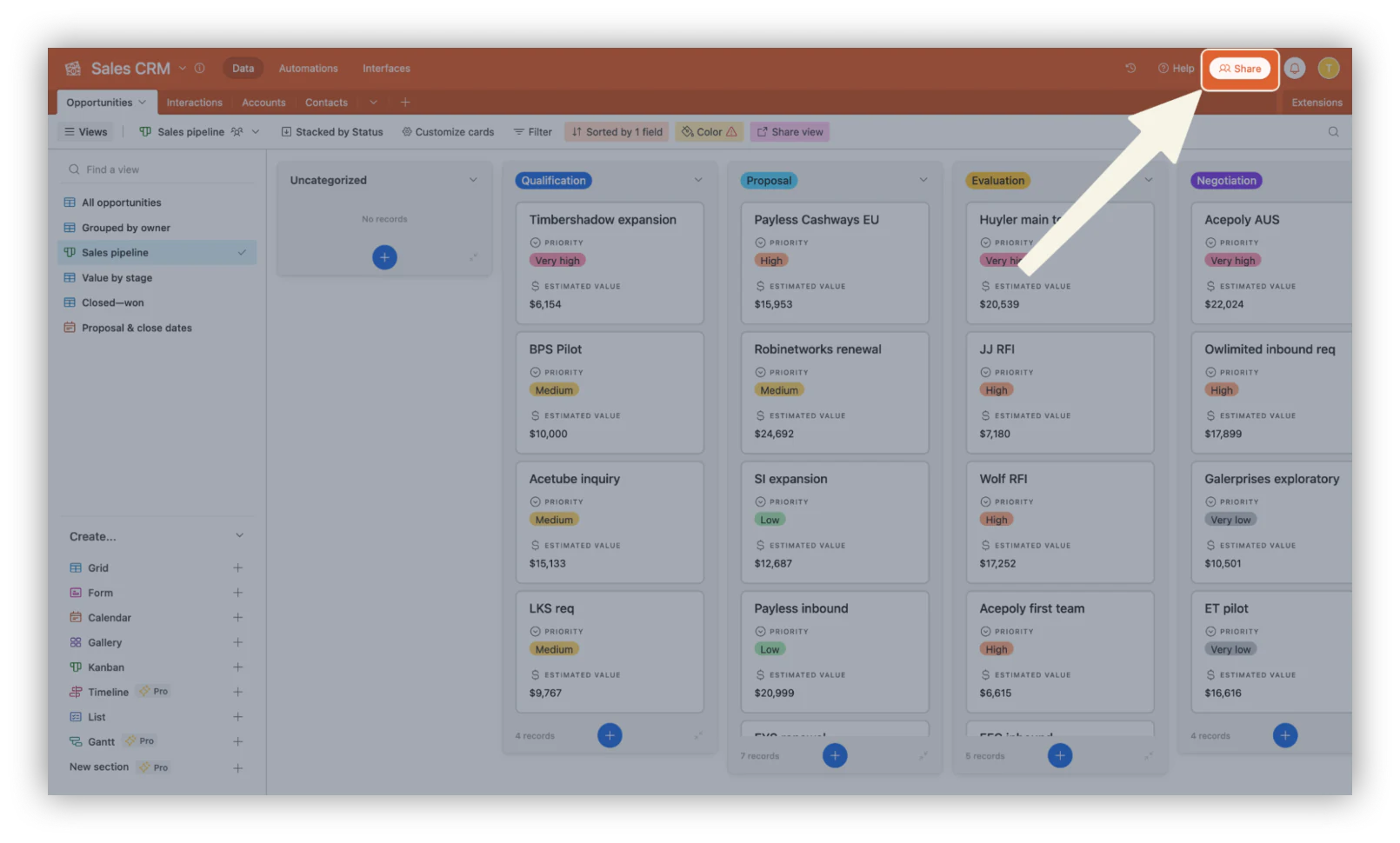 Share button at the top right corner of an Airtable base opening native sharing options