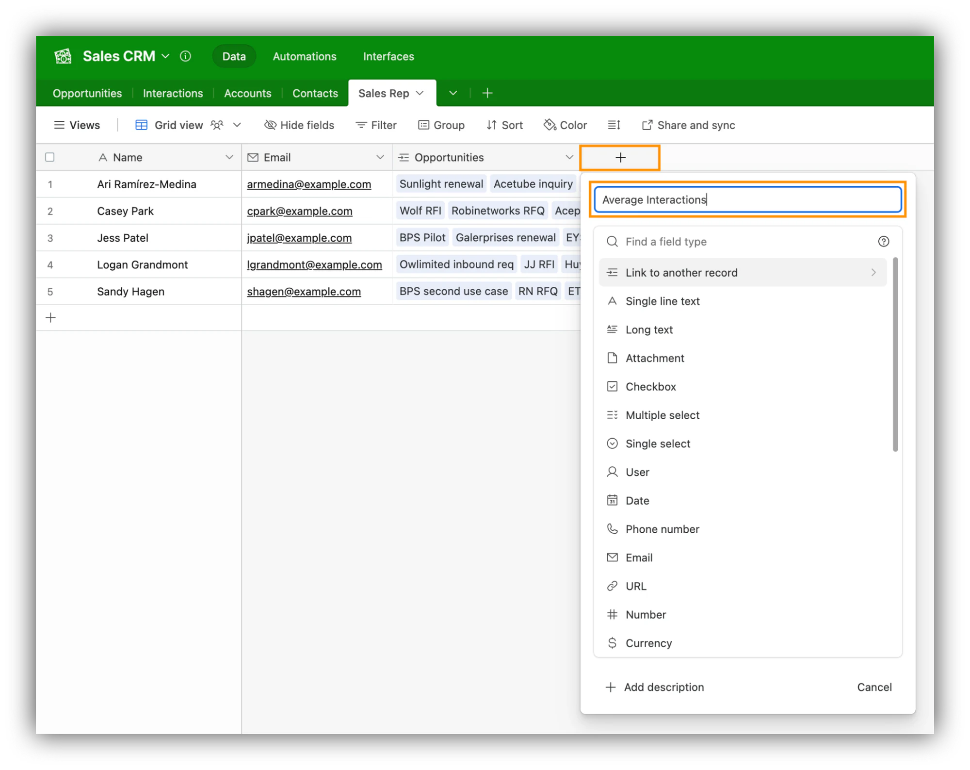 Adding a new field with the plus button in the Airtable Sales Rep table