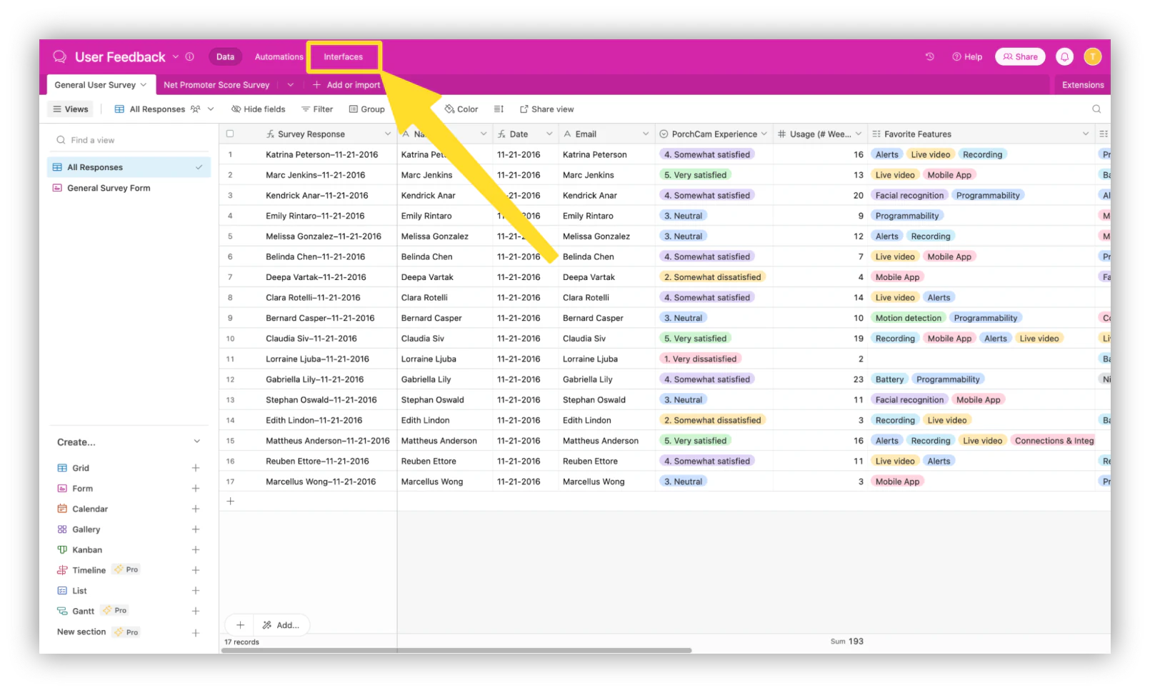 Click on “Interfaces” at the top of your Airtable base