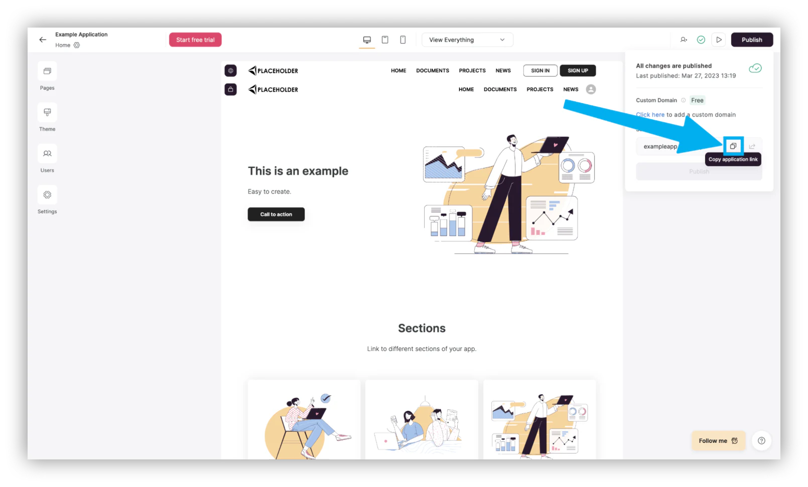 Softr publishing screen showing the live app URL ready to copy and share