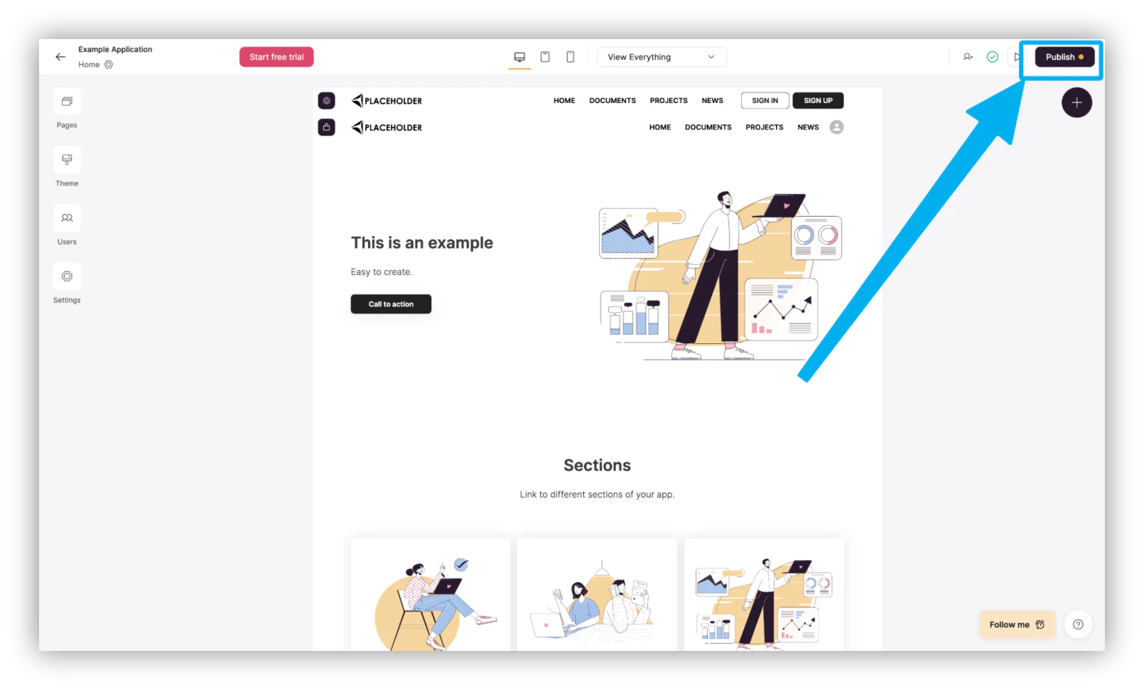 “Publish” at the top-right corner of the screen
