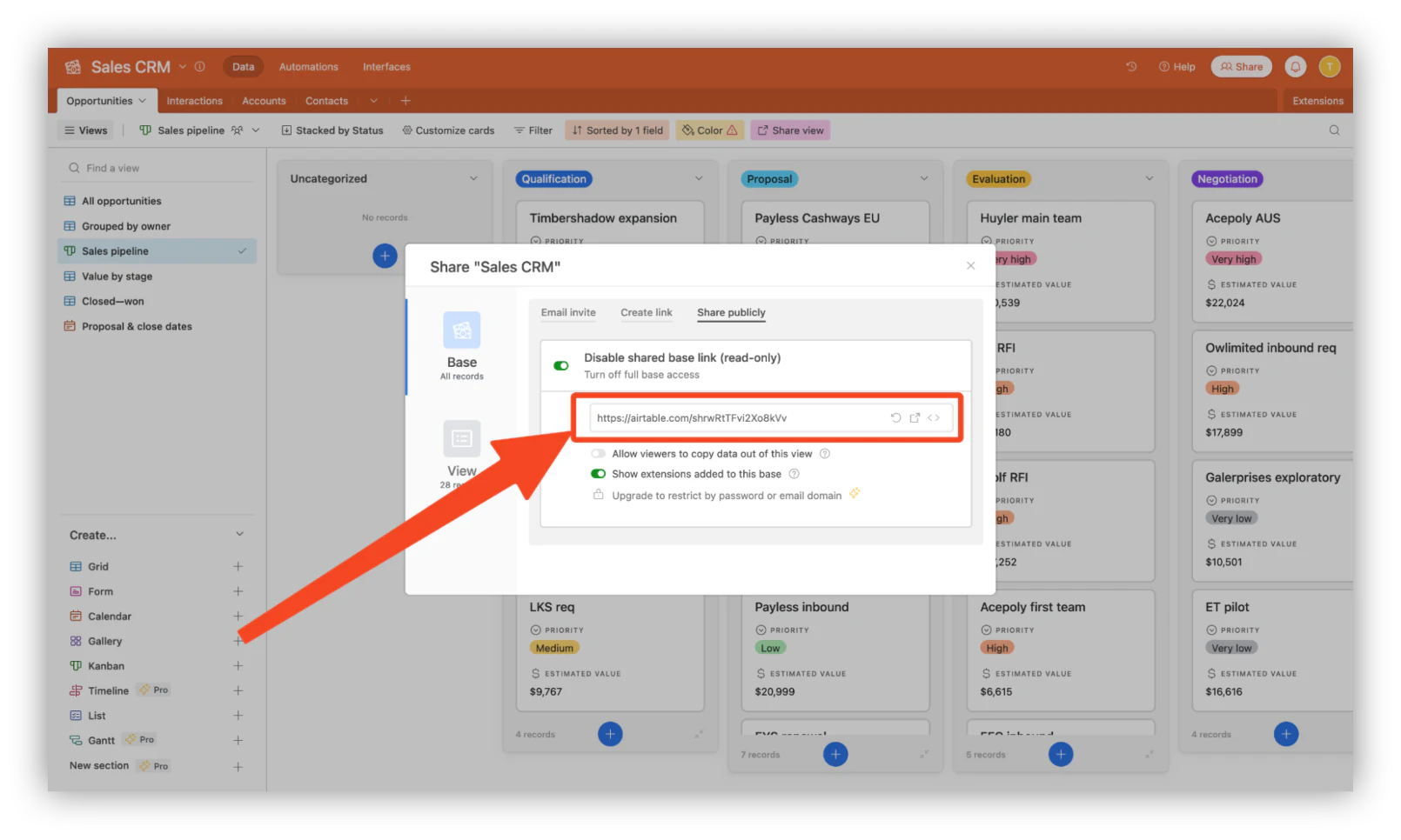Copy, preview or embed your public Base