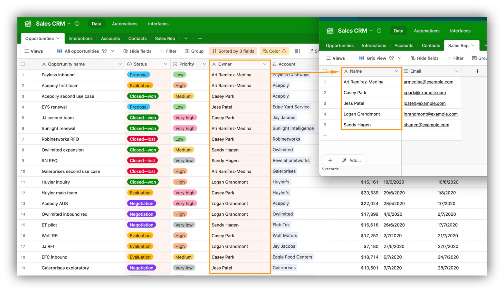 Airtable Opportunities table with an Owner field linked to the Sales Rep table