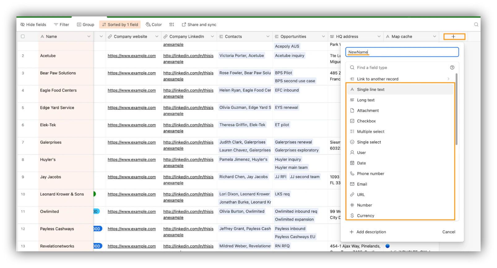 Adding a new field in Airtable with the plus button next to the columns