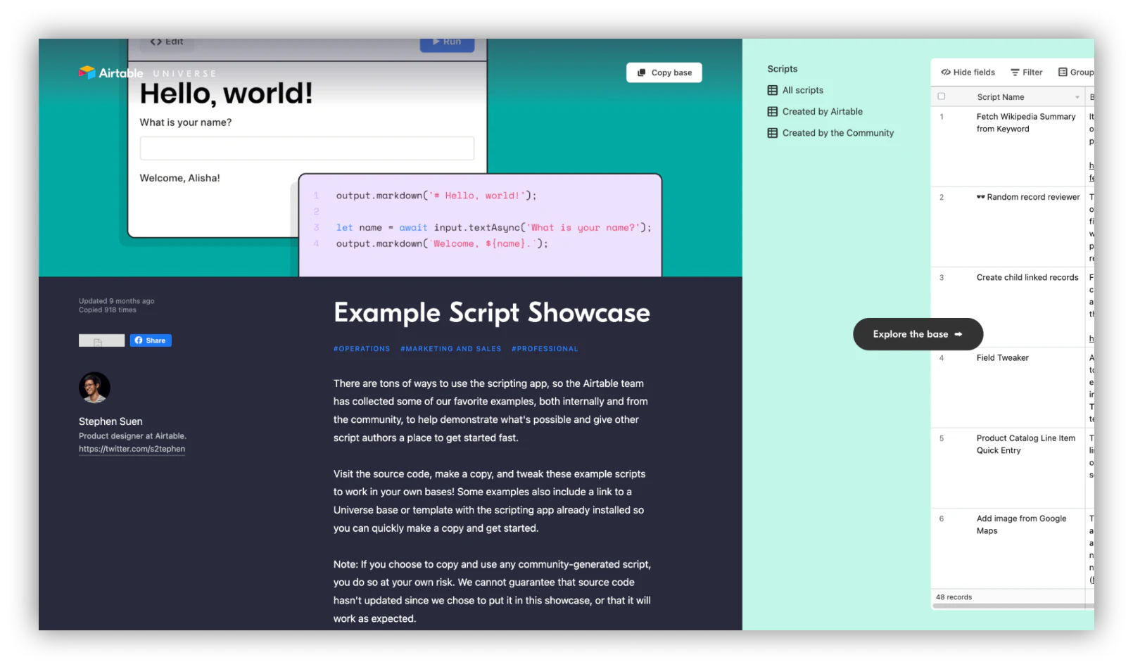 Airtable Universe Example Script Showcase page listing community-submitted scripts