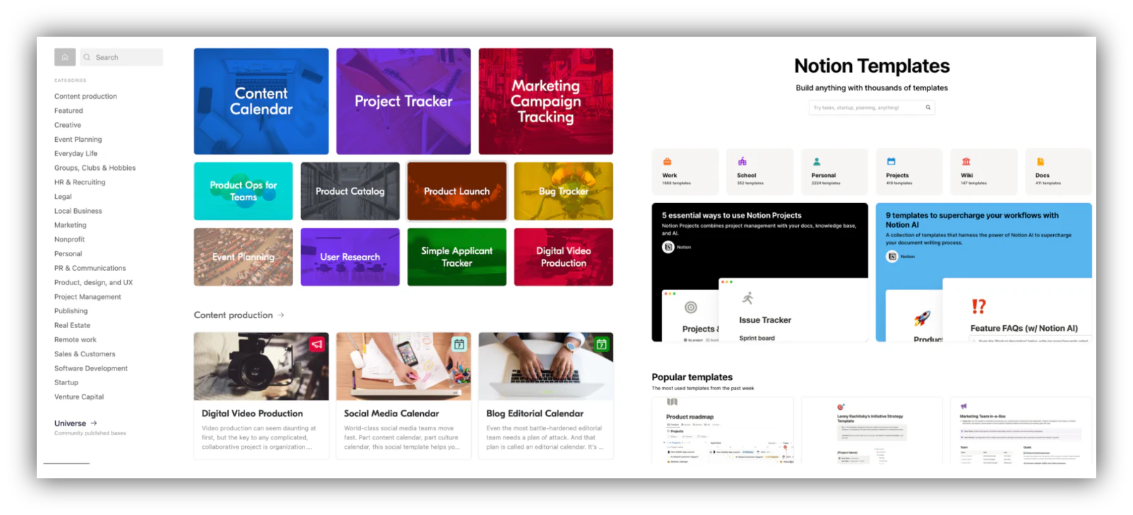 Template galleries from Notion and Airtable showing pre-built project and database templates