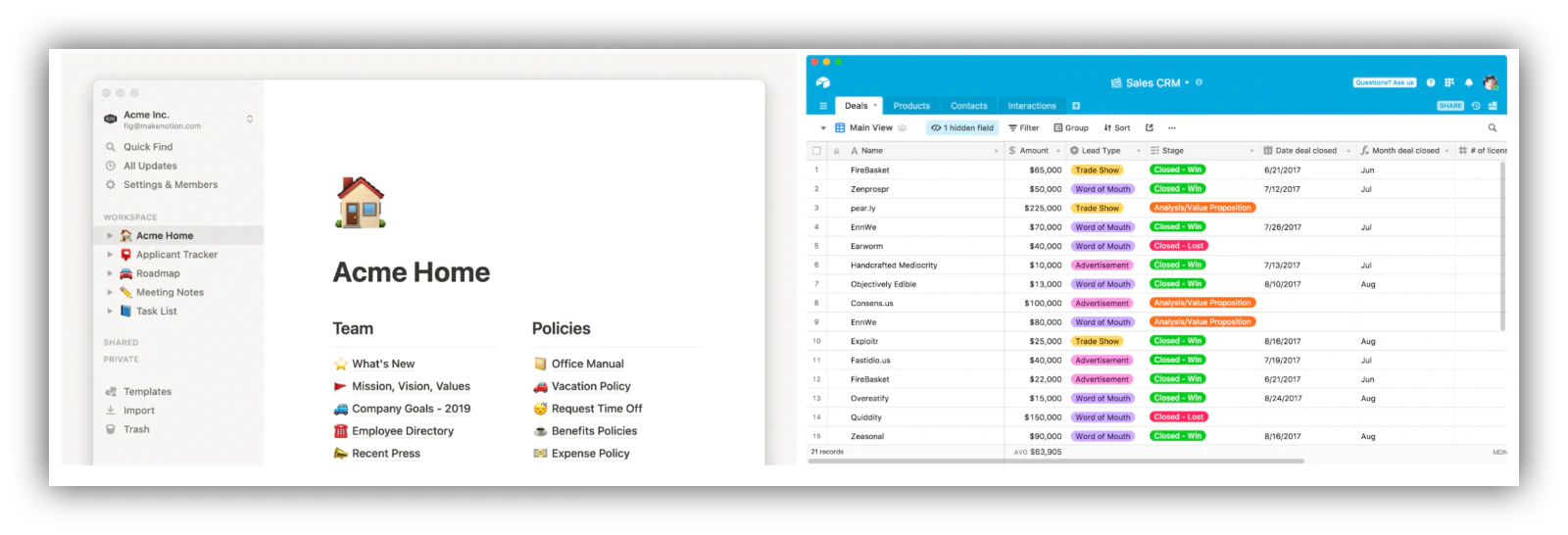Side-by-side view of the Airtable grid interface and the Notion block-based page editor