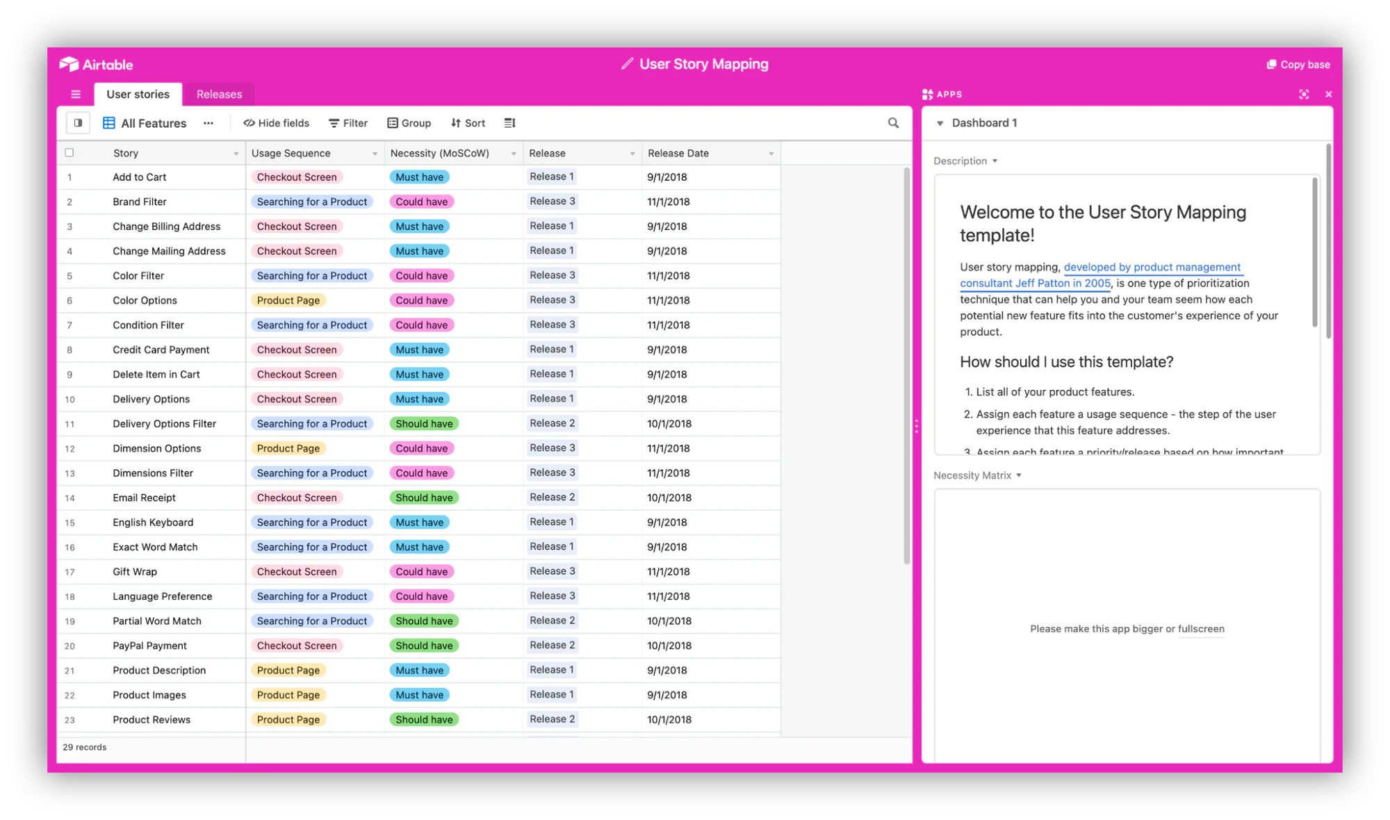 Airtable user story mapping template for collecting feature requests