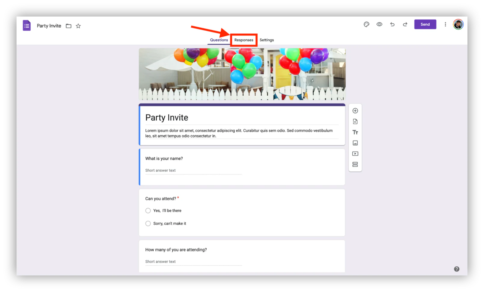 In your Google Form, click on the “Responses” tab