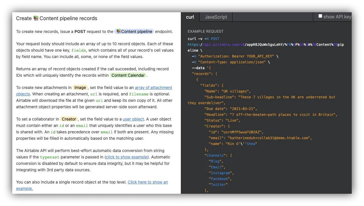 Airtable API documentation showing an auto-generated example API call built from the base