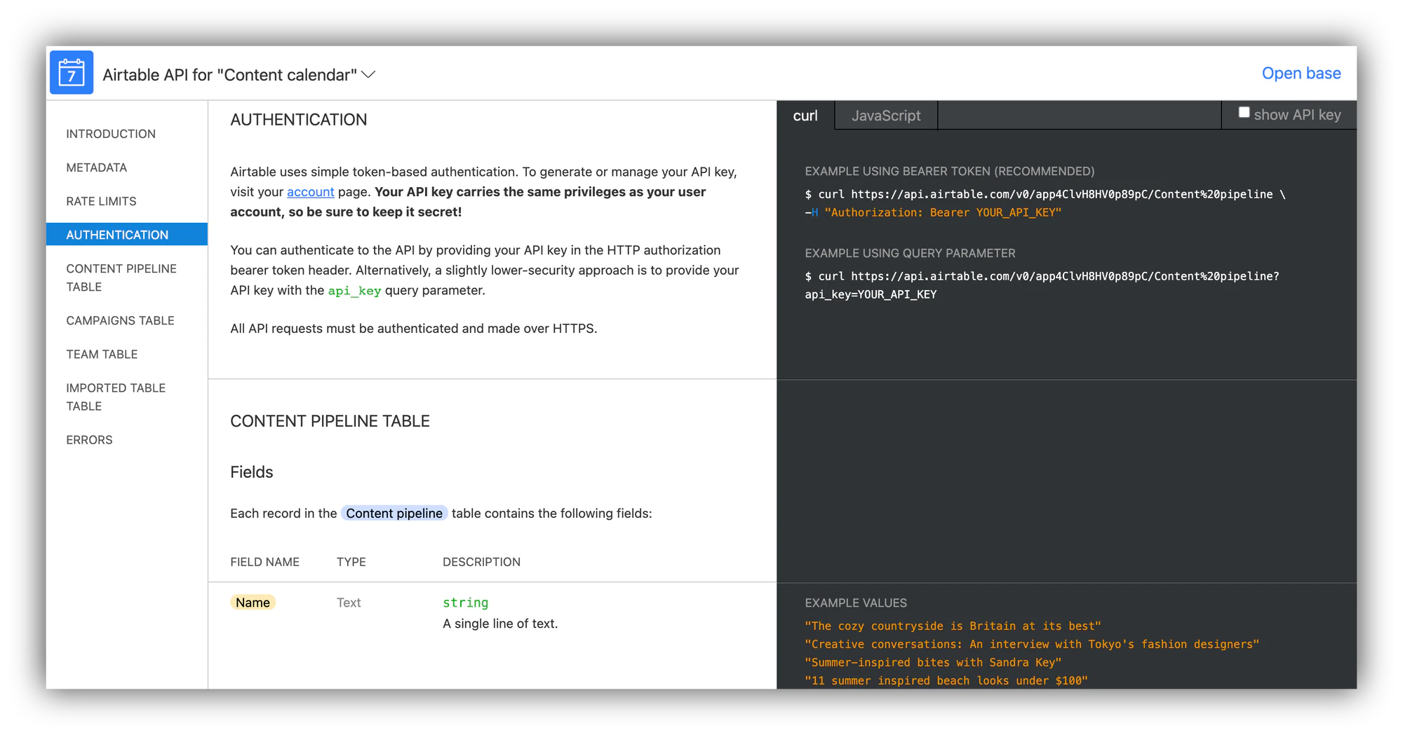 Airtable API documentation page showing REST endpoints for reading and writing records