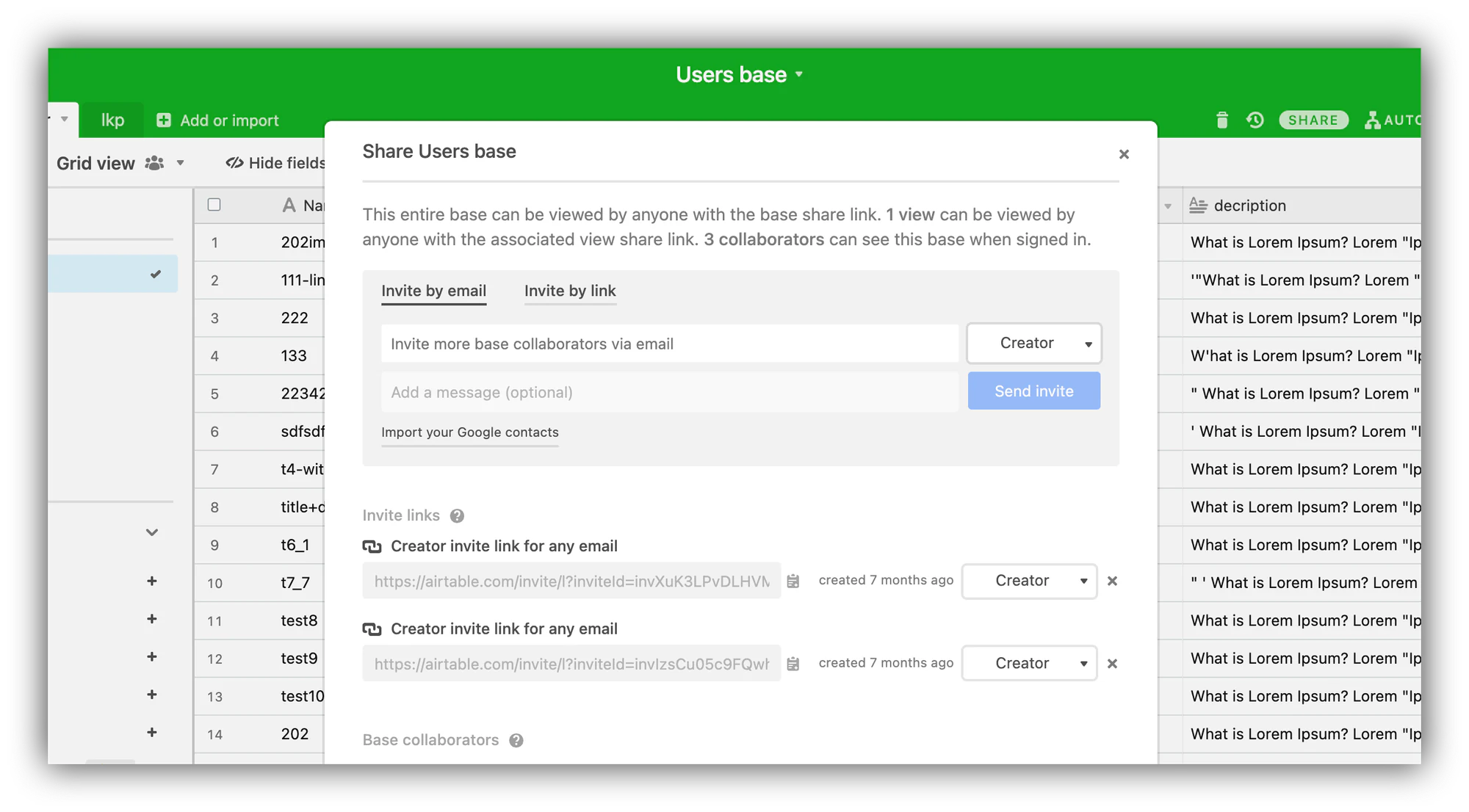 Airtable sharing pop-up showing collaborator permission levels and access settings