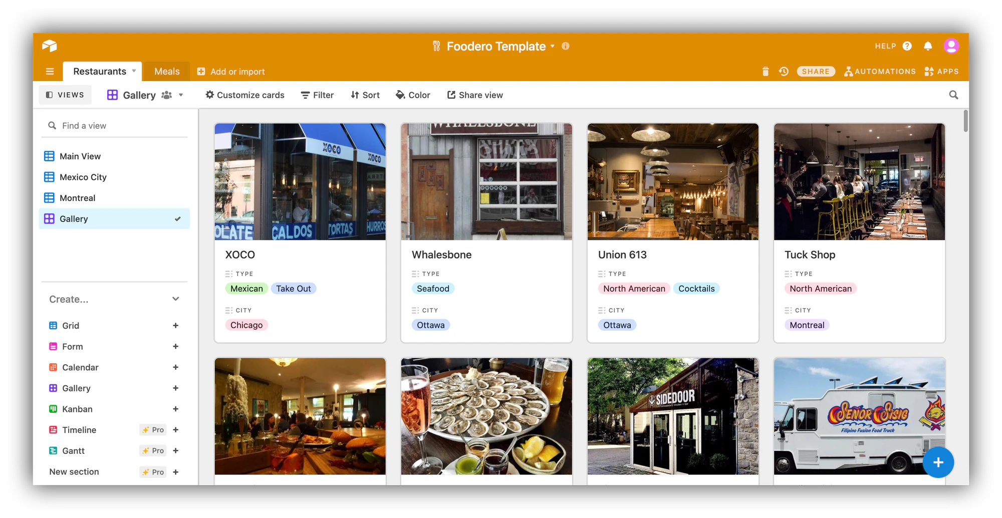 Airtable view-type menu showing Grid, Calendar, Form, Gallery, Gantt, and Kanban options