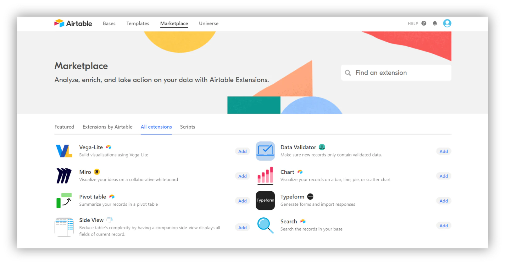 Airtable extensions marketplace showing blocks and integrations you can add to a base