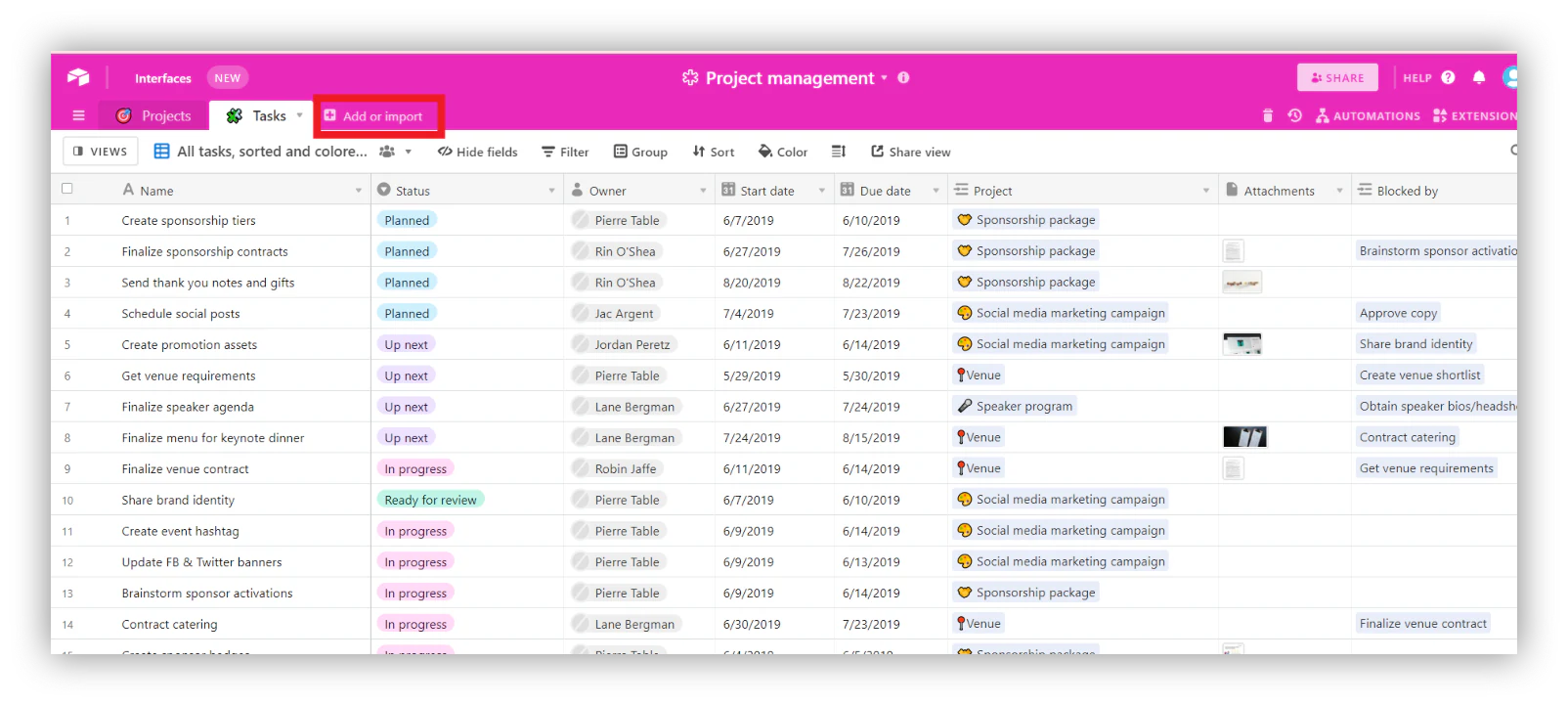 Airtable base showing the Import data button in the top-left corner for adding CSV or spreadsheet data