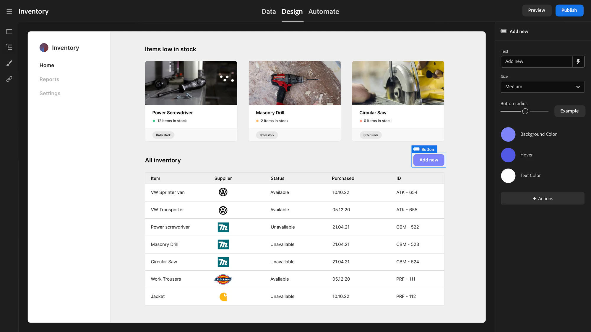 Budibase design editor for an inventory app with low-stock item cards, an inventory table and button settings
