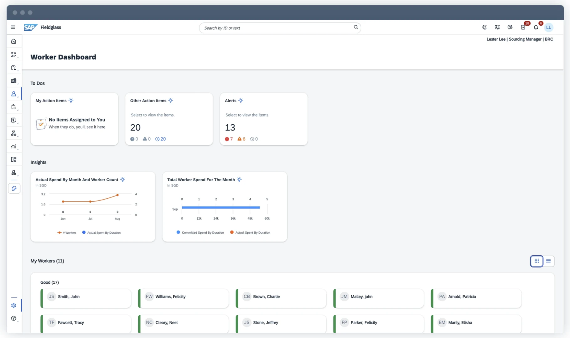 SAP Fieldglass worker dashboard with to-do items, spend insight charts and a list of workers