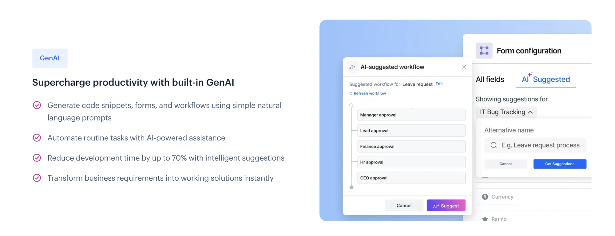 Kissflow GenAI features with an AI-suggested approval workflow and form field suggestions