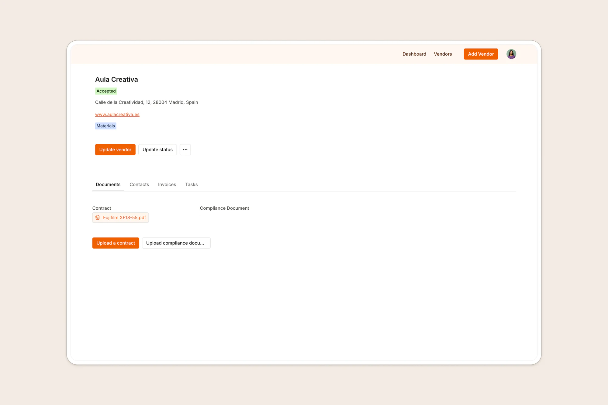 Softr vendor detail page with status, contract document upload and tabs for contacts, invoices and tasks