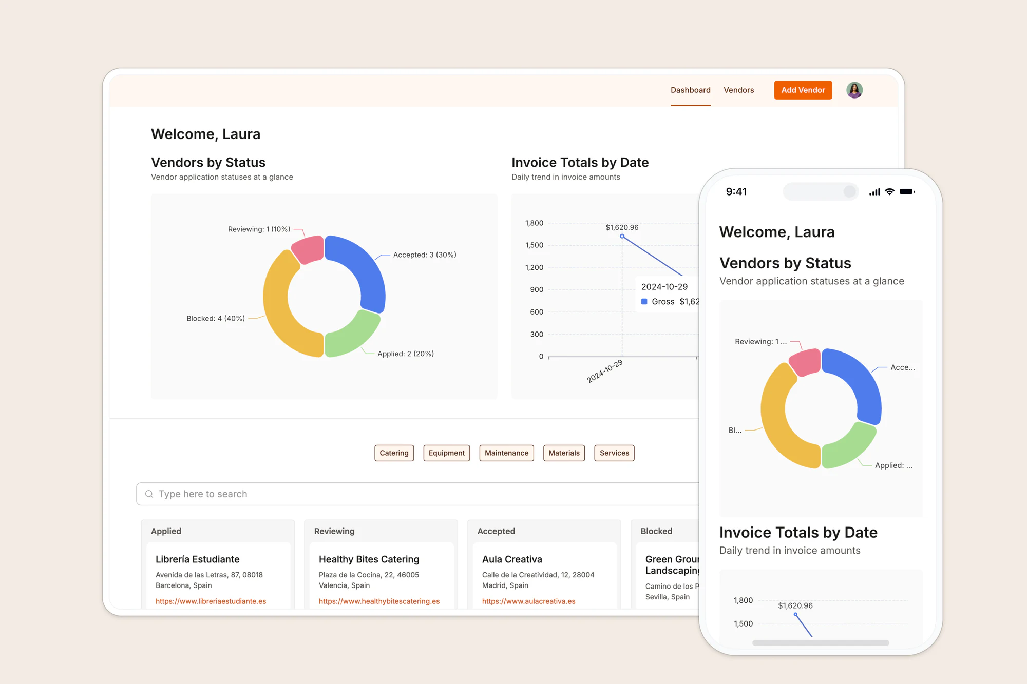 Softr supplier portal on desktop and mobile with vendors by status and invoice totals charts
