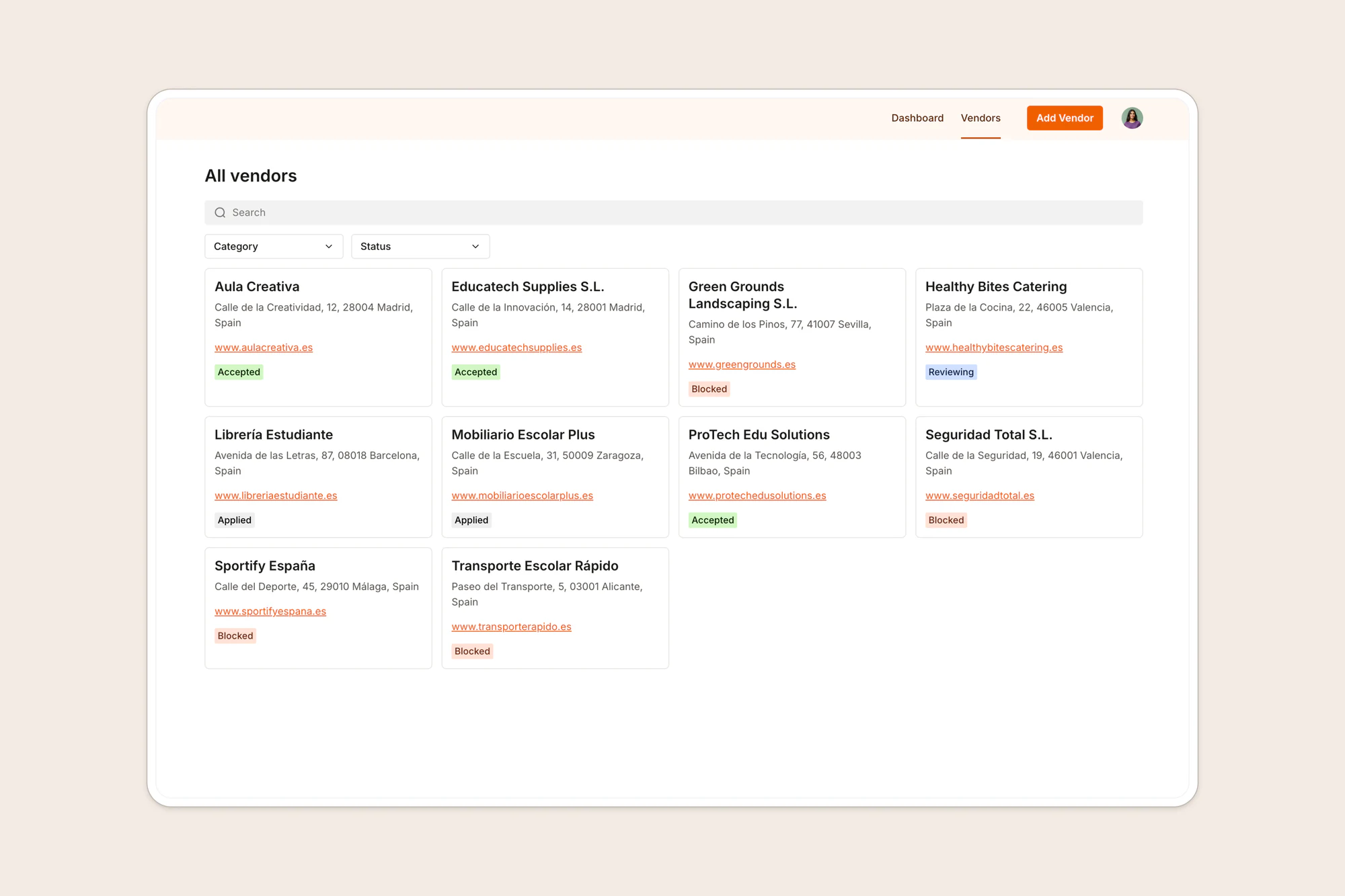 Softr vendor portal listing all vendors as cards with addresses, websites and approval status tags