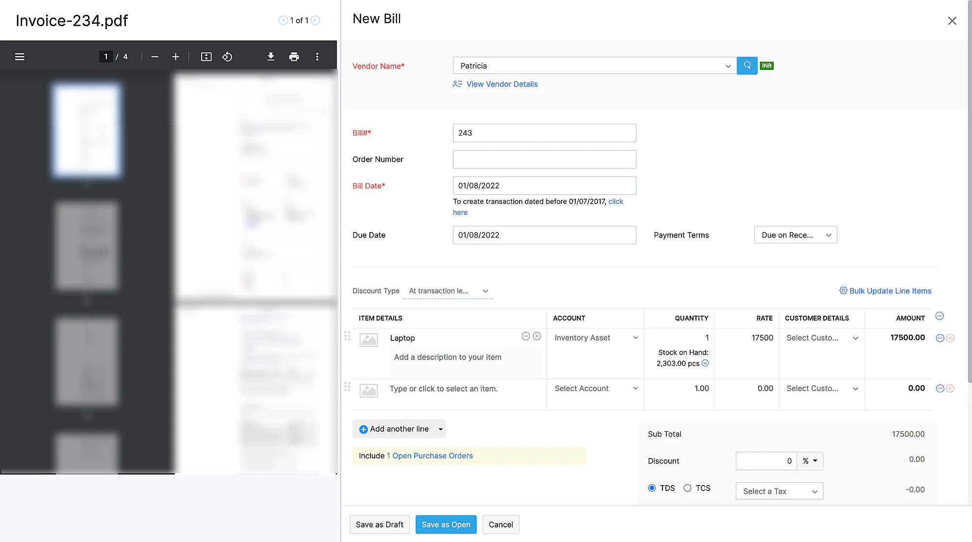 Zoho Creator new bill form with vendor, bill date and item details next to an invoice PDF