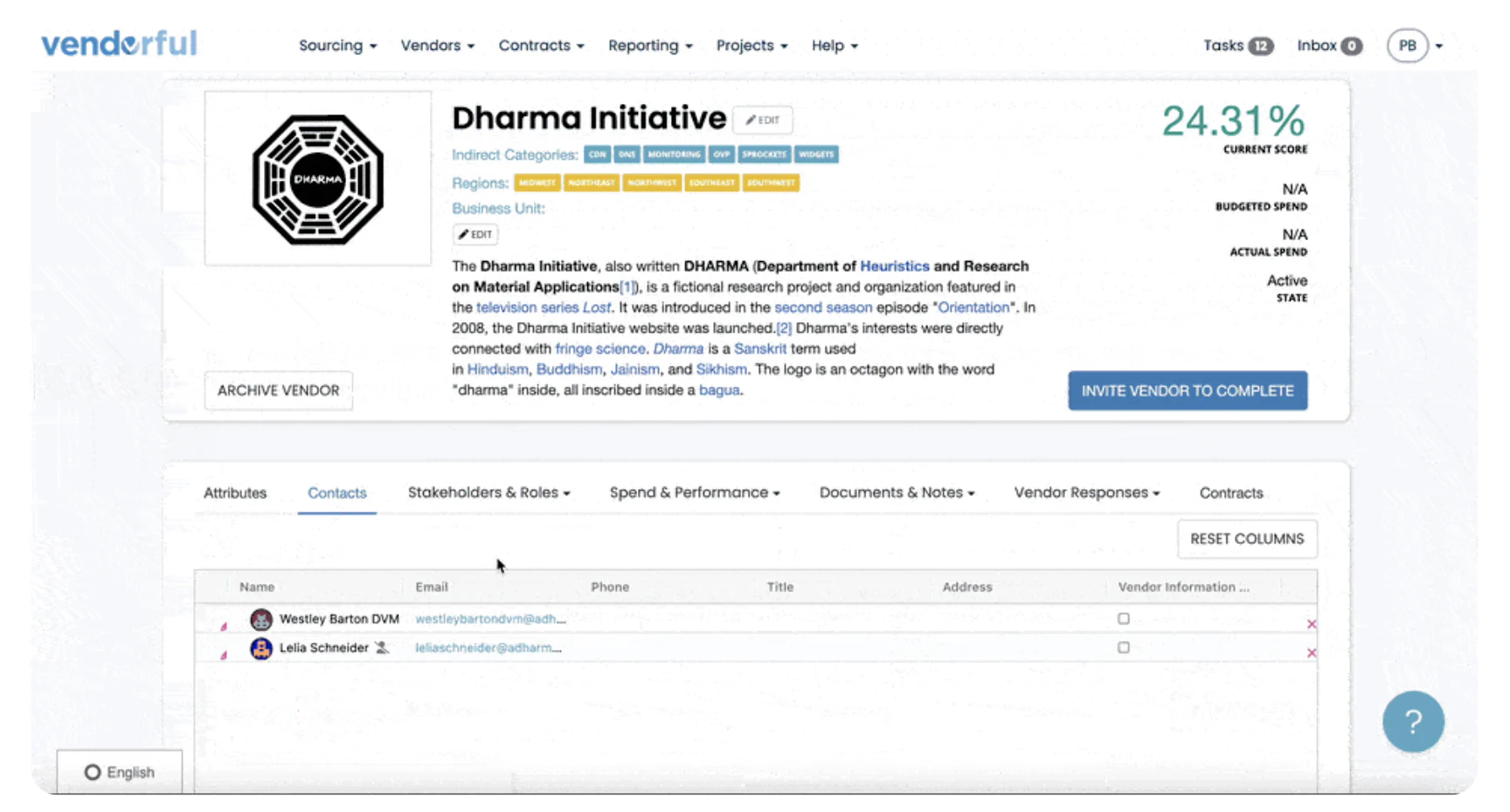Vendorful vendor profile page with category tags, a current score, and a contacts table