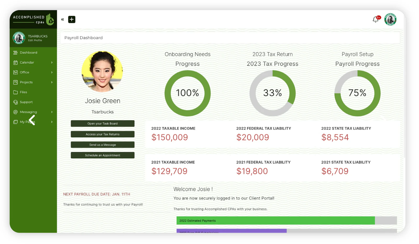 SuiteDash client portal payroll dashboard with progress rings for onboarding, tax return and payroll setup