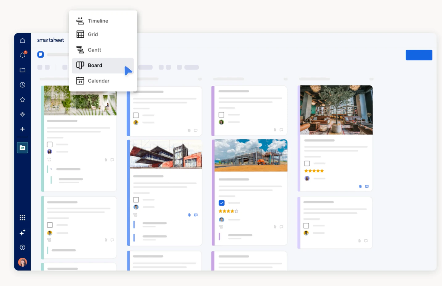 Smartsheet board view of project cards with a menu to switch between timeline, grid, Gantt and calendar views