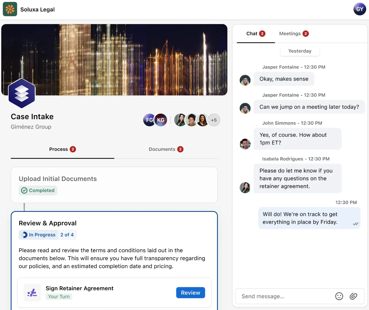 Moxo client workspace for case intake with process steps, a retainer agreement to sign and a chat panel