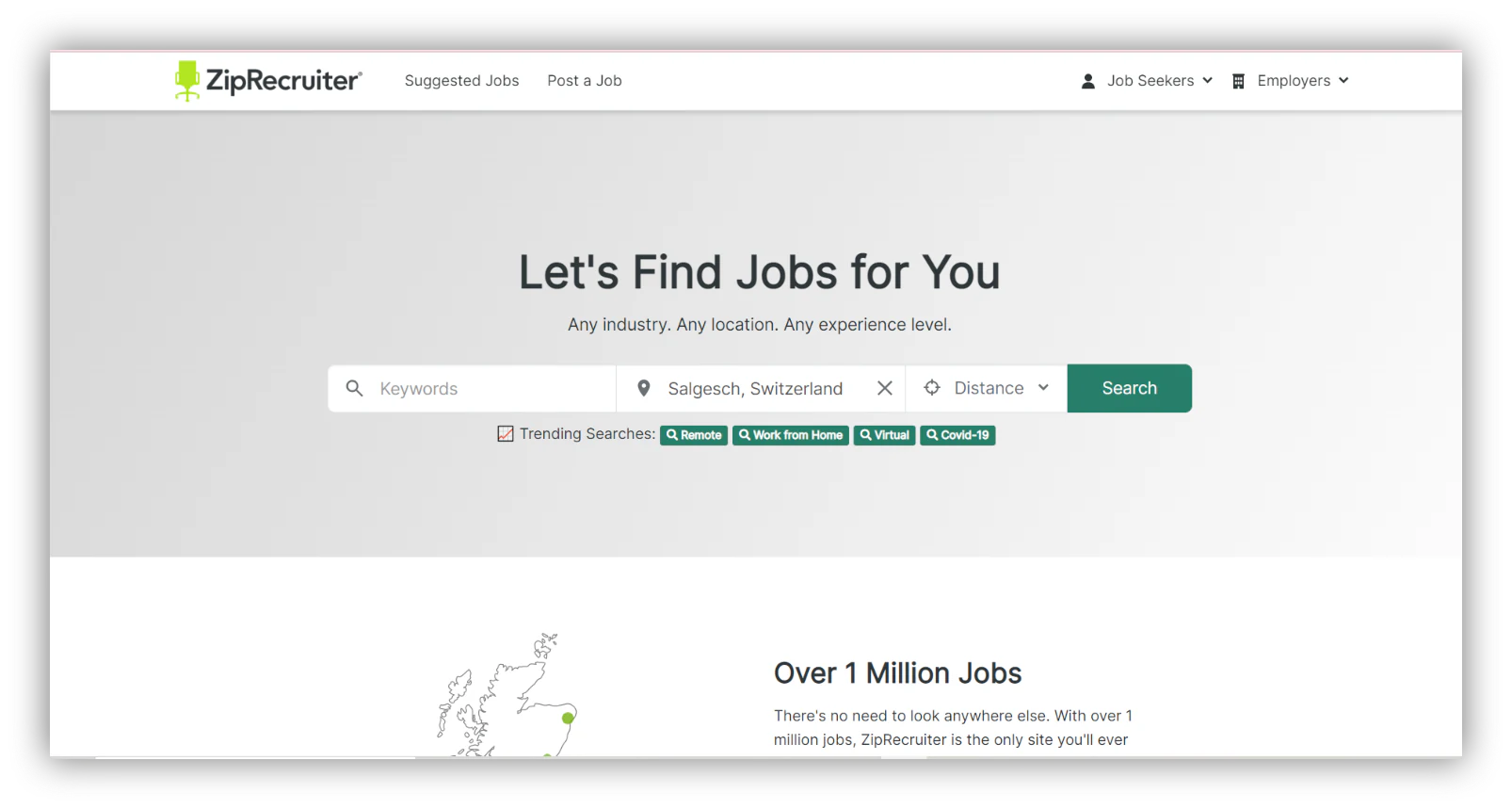 ZipRecruiter job board homepage with one-click application feature
