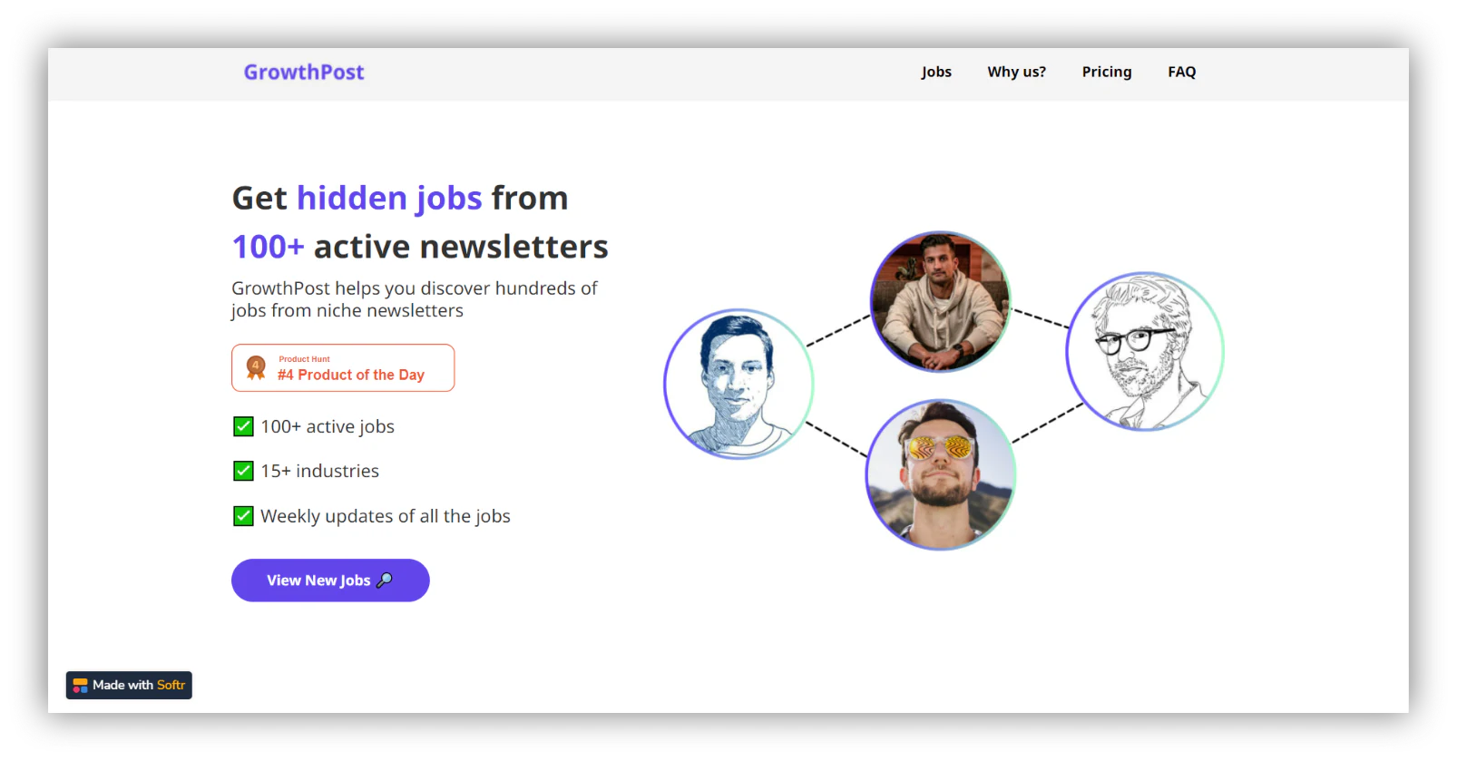 GrowthPost job board homepage curating positions from industry newsletters