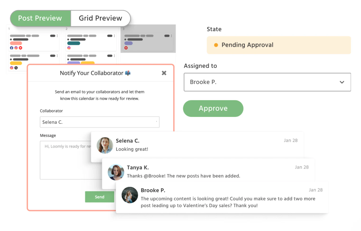 Loomly post approval with a pending approval state, an Approve button, a notify collaborator form and comments