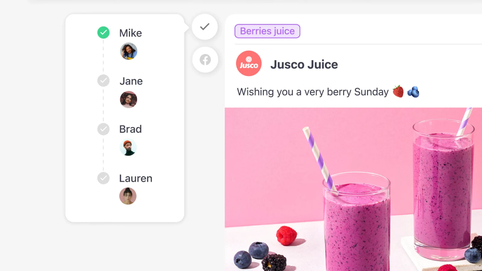 Planable approval flow with four reviewers beside a Facebook post preview for a juice brand
