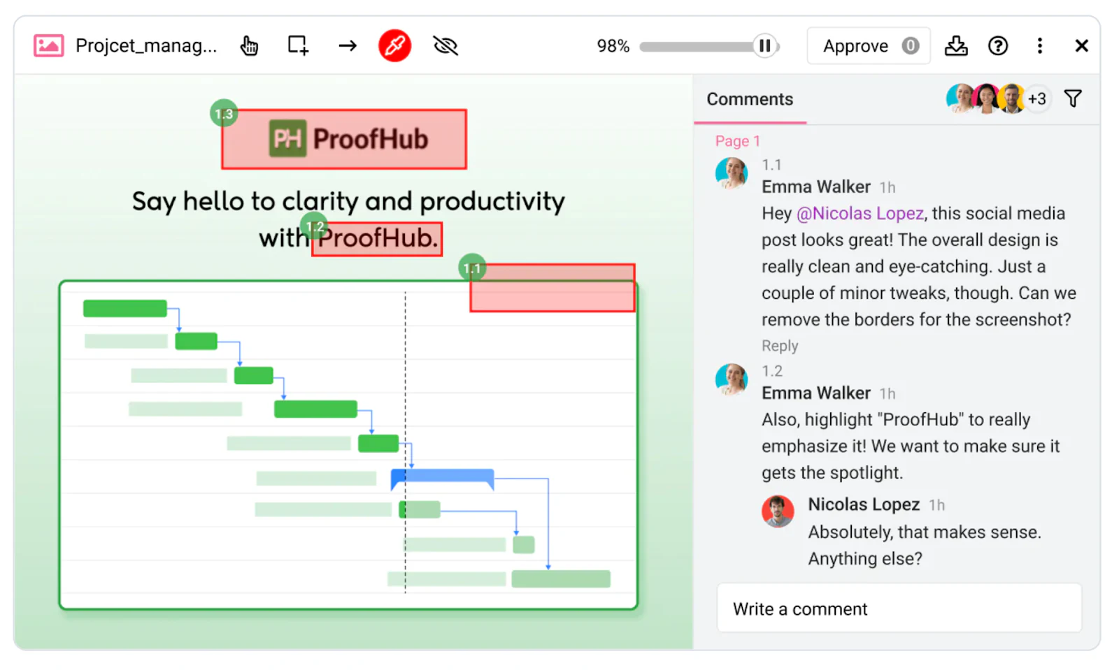 ProofHub proofing tool with markup on a design file and a comments thread from reviewers