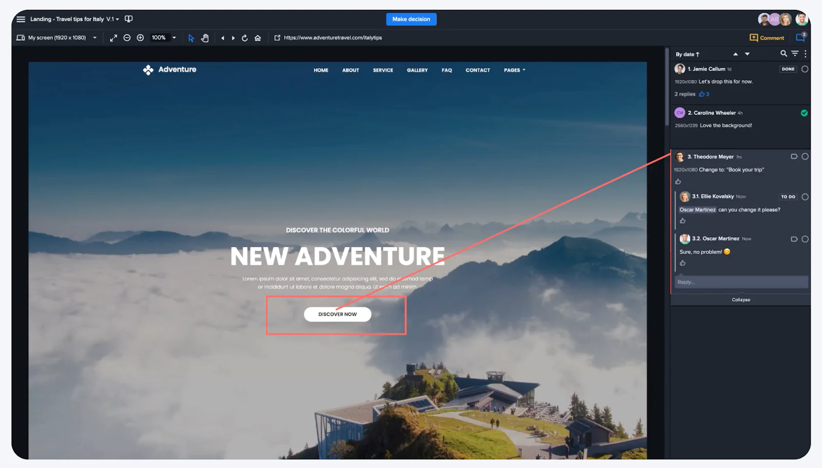 Ziflow proof of a landing page with a comment pinned to the call-to-action button and a reply thread