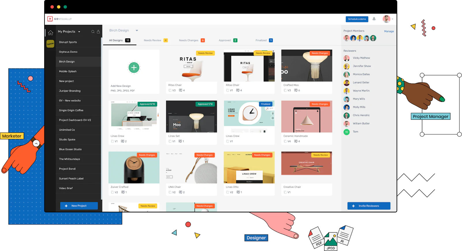 GoVisually project dashboard with design files tagged needs review, needs changes or approved